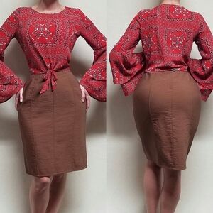 90s Vintage Ron Leal Textured Wool Blend Chocolate Brown Paneled Pencil Skirt 10